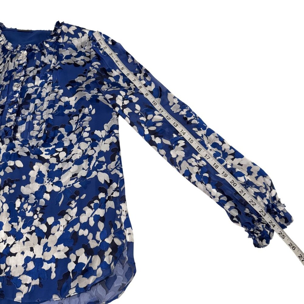 Women’s Elie Tahari Blue White Floral Silk Blend Ruffle Blouse Size Small - Picture 10 of 12